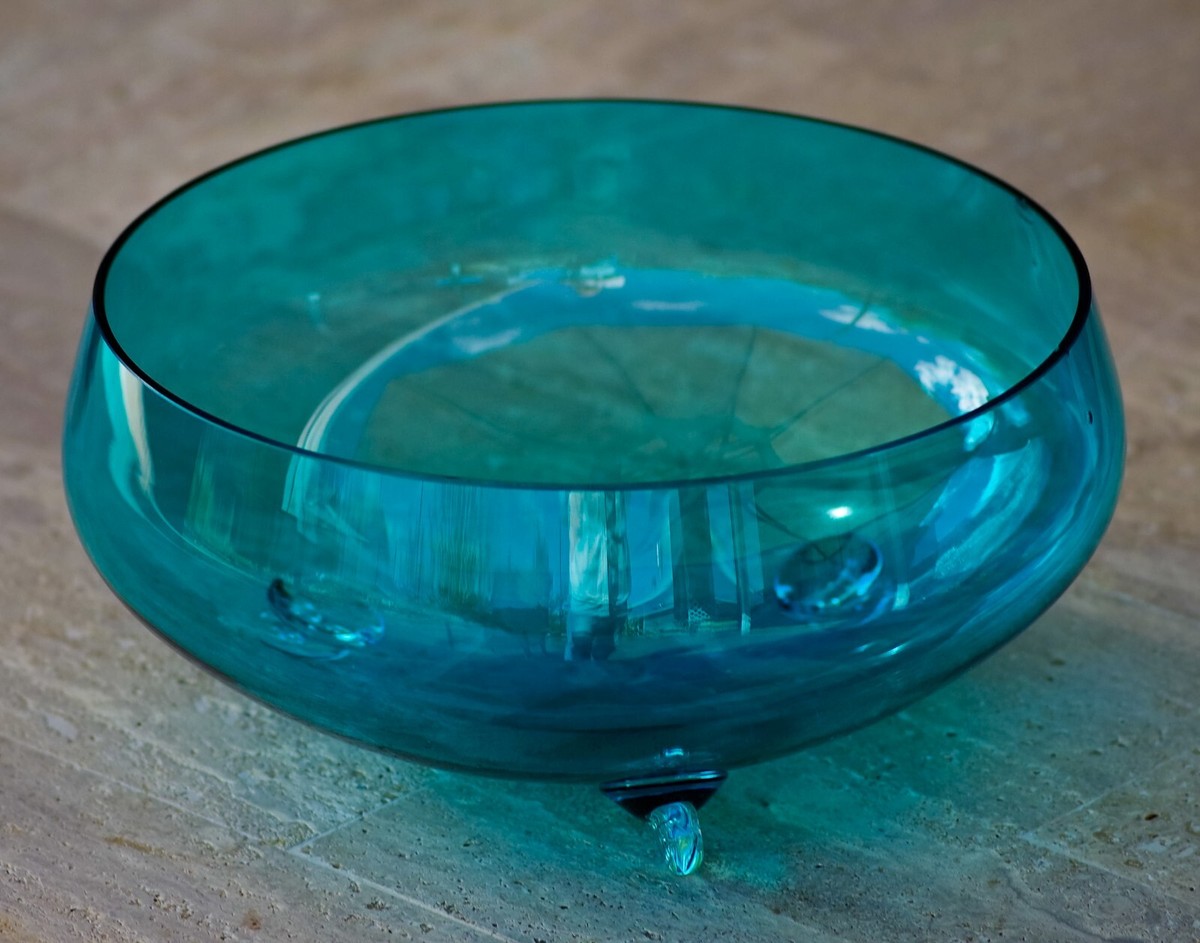 VINTAGE ART GLASS Tri-Footed Large Bowl Empoli Made In Italy