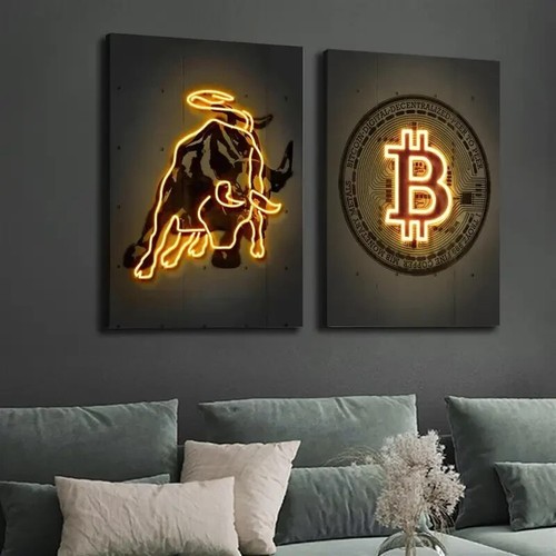 Lienzo de arte de pared dorado Bitcoin brillante vaca y Bitcoin 2 piezas sin marco - Imagen 3 de 7