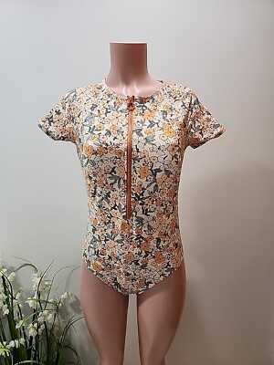 Nwt Cupshe Size L Zip Rash Guard Short Sleeve 1 Pc Swimsuit Padded Orange Floral