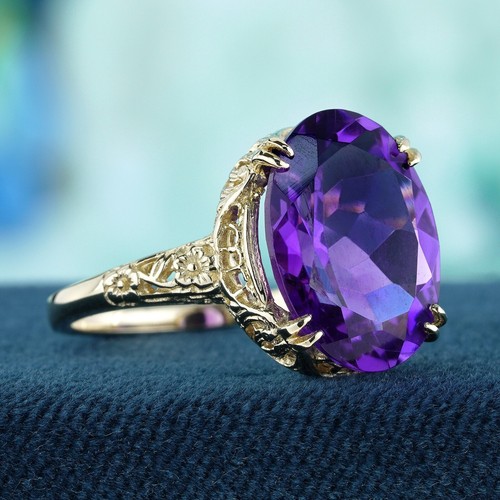 9K Yellow Gold Natural Amethyst Vintage Style Filigree Ring - Picture 2 of 8