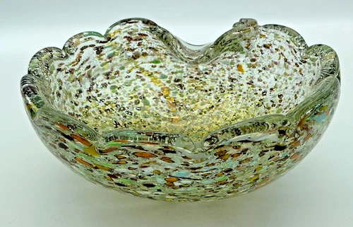 Vintage Murano Hand Blown Art Glass Ruffled Edge Confetti Aventurine Bowl 6 in