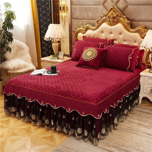 Flannel Quilted Bedspread Lace Embroidery Ruffle Bed Skirt Pillowcases 1/3Pcs - Picture 9 of 19