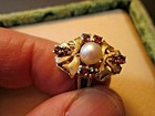 estate 14K Pearl / 1940's Garnet Ring w/ Florentine Finish — photo 1