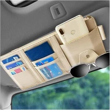 PU Leather Car Sun Visor Organizer Pouch Bag Multiple Pocket Card Storage Beige