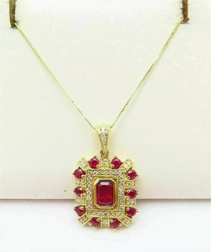 2Ct Emerald Lab Created Red Ruby Women Engagement Pendant 14K Yellow Gold Plated - Picture 4 of 5