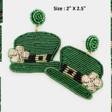 ST. PATRICKS DAY 4 Leaf Clover Flower leprecon Hat Pierced Seed Bead Earrings 1