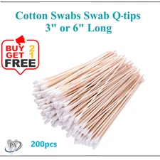 200pc Cotton Swabs Q-tips 6" or  3" Long Wood Medical Grade Manufacturer Sealed