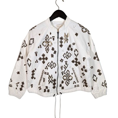 Chico's Size 1P (US M) White DENIM Bomber Jacket Brass Beaded