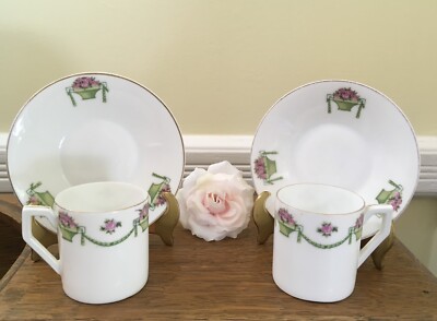 c1898 Antique Made in Germany Jaeger Fine Porcelain 2 Demitasse Cups & Saucers