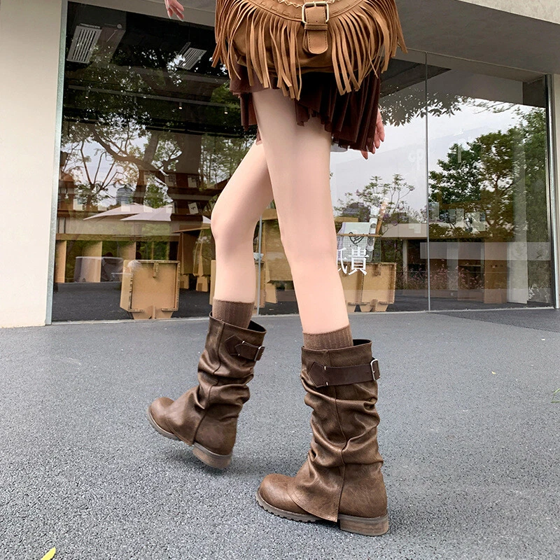 Мягкая кожа плиссированные ботинки моды женщин тянуть на середине икры Western ковбойские сапоги - Изображение 2 из 4