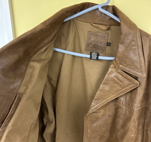 J Crew Mens Large Vintage Distressed Tan Leather Jacket L Cotton Quilted Lined - Picture 13 of 15