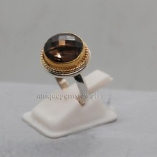 Rose Cut Smoky Quartz 925 Sterling Silver Yellow Gold Two Tone Statement Ring