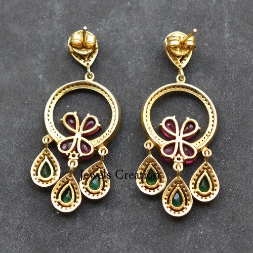 Flower Ruby Emerald Sapphire Gemstone Diamond Pave 925 Silver Earrings Jewelry - Picture 4 of 5
