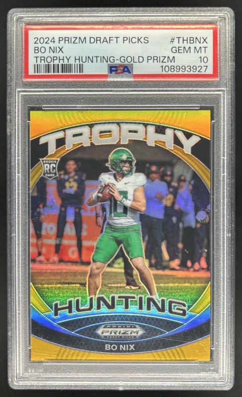 2024 Prizm Collegiate Draft Picks Bo Nix Trophy Hunting RC Gold #/10 PSA 10