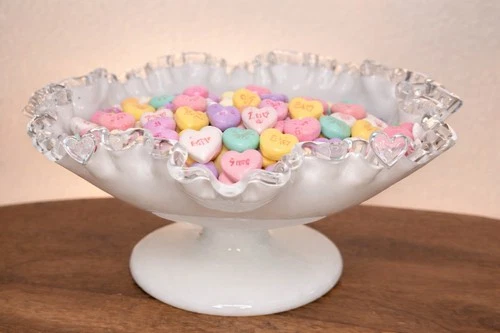 VTG Fenton Silver Crest White Milk Glass Footed Bowl Candy Dish Compote Ruffled
