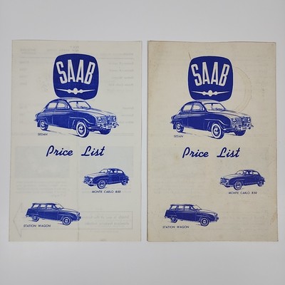 Lot of 2 Vintage 1965 Saab Dealer Price List Brochures Sedan, Monte Carlo 850