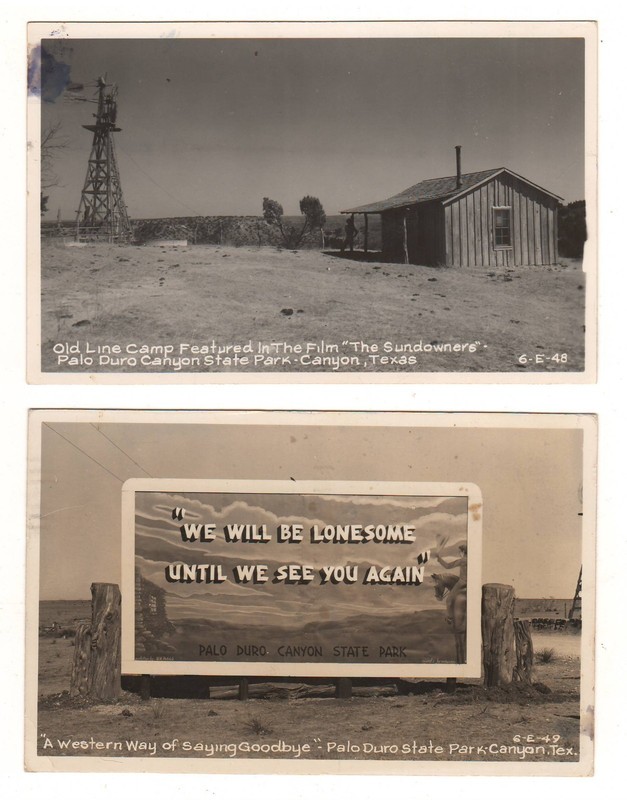 (2) 1949 Canyon Texas Palo Duro Canyon State Park RPPCs Line Camp Lonesome Sign