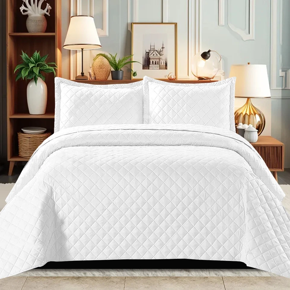 Quilted Bedspread 3 Piece Embossed Bed Throw Single Double King Size Bedding Set - Image 4 of 4