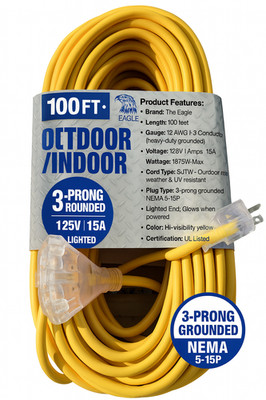 12/3 100 FT Heavy Duty Extension Cord   12 AWG SJTW 3-Prong Lighted End