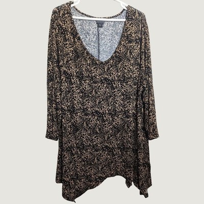 Covington Woman Blouse Women Plus Size 3X Black Tan Sharkbite Hem Abstract Top