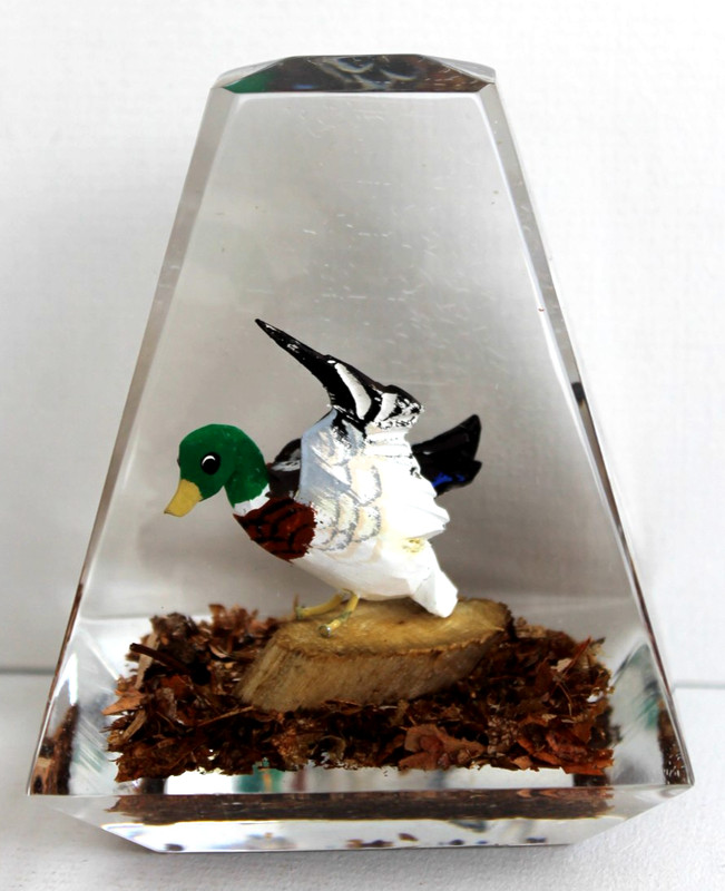 Vintage Hand Carved Painted MallardDuck Lucite/Acrylic Unique Canada Paperweight