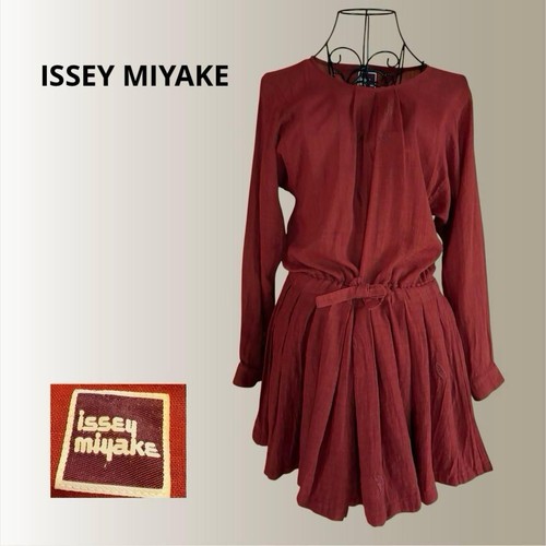 Issey Miyake, ISSEY MIYAKE 1970s Leaf Embroidered Red Pleated Dress Tunic Long Sleeve Japan M