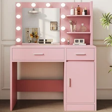Lighted Makeup Vanity Desk, 35.4“W x 15.7'”D x 54“H, Pink (with Lights and Mi...