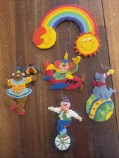 Plastic Canvas Needlepoint Mobile Rainbow Circus Clowns Sun Moon Seal Bear Vtg