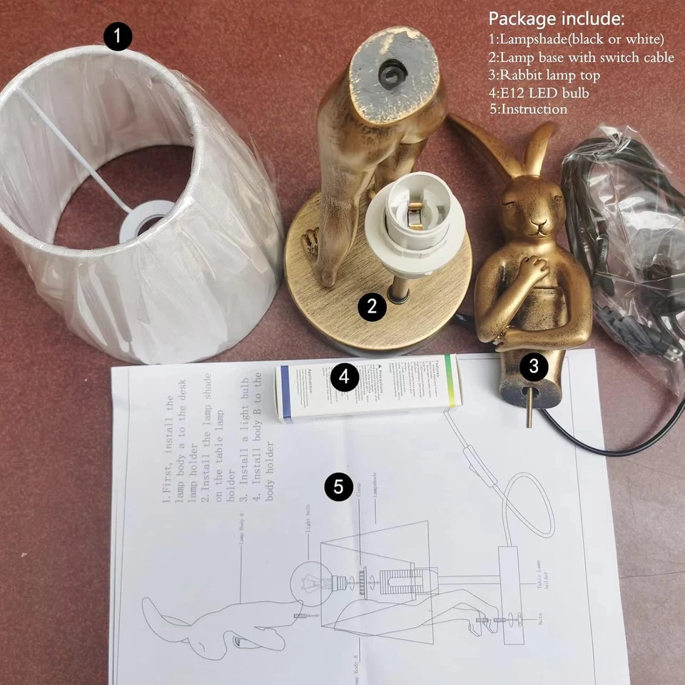 Lámpara de mesa LED Bunny 2025 resina conejo escritorio pantalla de lino lámpara decorativa de 16 pulgadas Foto 3 de 4