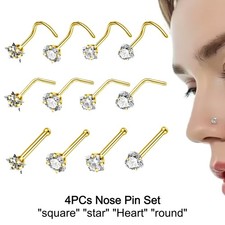 4PCs Nose Stud Pin Bar Surgical Steel Clear Gems Nose Piercing L Screw Straight