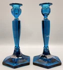 Vintage Fenton Colonial Celeste Blue Iridescent Stretch Glass Candlestick 8”