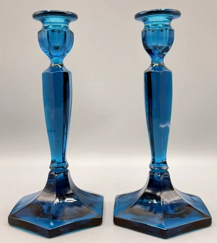 Vintage Fenton Colonial Celeste Blue Iridescent Stretch Glass Candlestick 8”