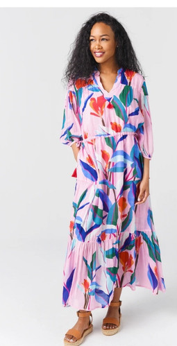 Abito Camicia Botanica Rosa Oliphant Maxi Strati Manica 3/4 Misto Seta Tg Sm - Foto 2 di 8