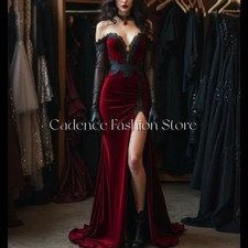 Burgundy Gothic Velvet Evening Dresses Long Sleeves Fishtail Slit Prom Gowns