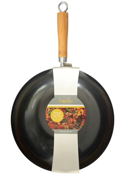 basiks Non-Stick Carbon Steel Wok Fry Pan Deep Cooking Stir Wooden Handle 30cm