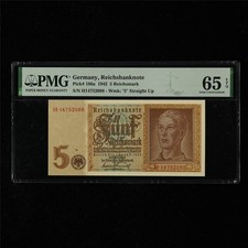 1942 Germany Reichsbanknote 5 Reichsmark Pick#186a PMG 65 EPQ Gem UNC