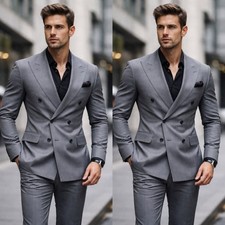 Gray Men Suit Peak Lapel Double Breasted Formal Business Party Men Tuxedos