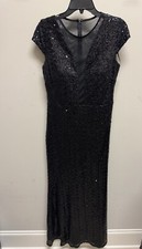 Marina Sequin Cap Sleeve Mesh Inset Sheath Gown Formal Prom Dress Size 10 Black