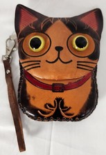 Handmade Leather Cat Wristlet Wallet Pouch Coin Purse Zipper 3D