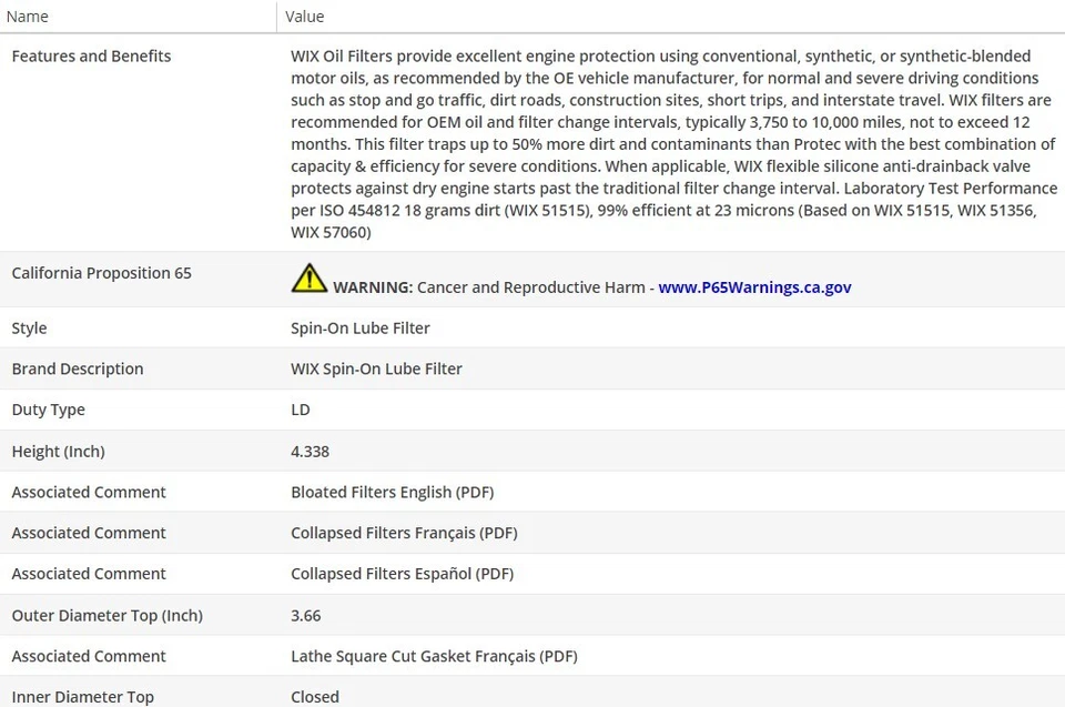 Filtro de aceite de motor OEM WIX para Dodge D350 1982-1987 L6-3,7 L Foto 3 de 4