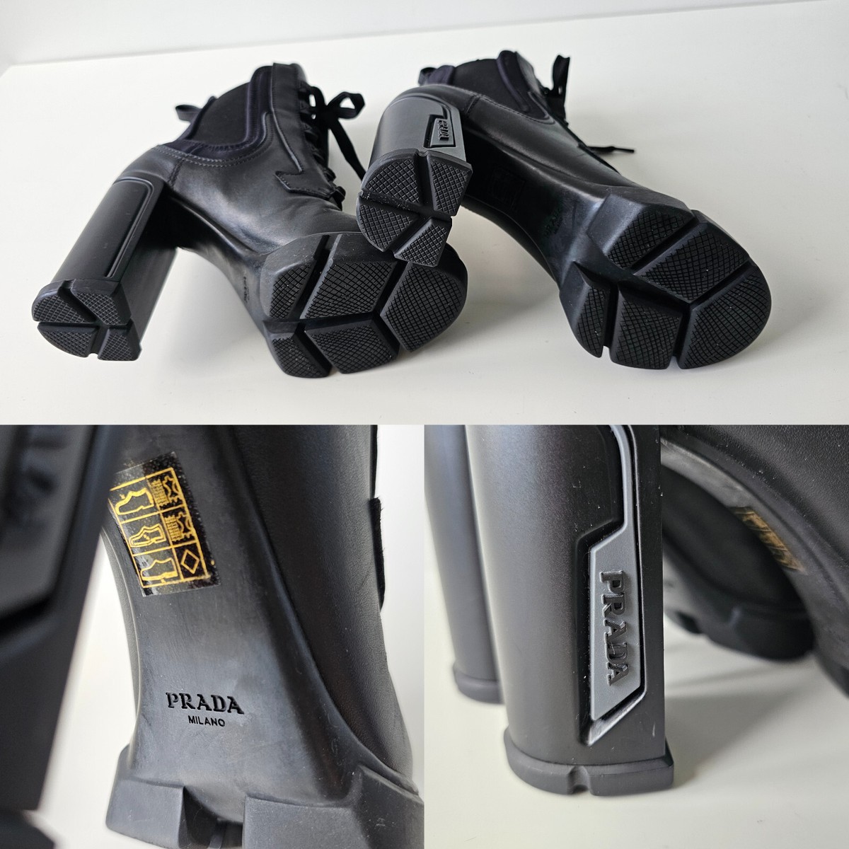 Prada Black Leather Neoprene Moto Combat Platform Ankle Prada Black Leather Neoprene Moto Combat Platform Ankle