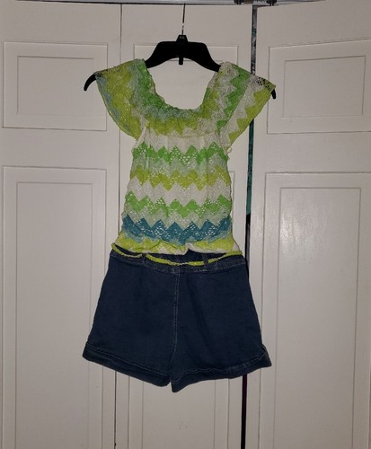 My Michelle - Denim Shorts Romper - sz 12 - Lime/White/Blue - Lace Peasant Top - Picture 2 of 3