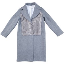 Sandro Paris Grey Wool & Rabbit Fur Blend Notched Lapel Long Coat Size Uk 8
