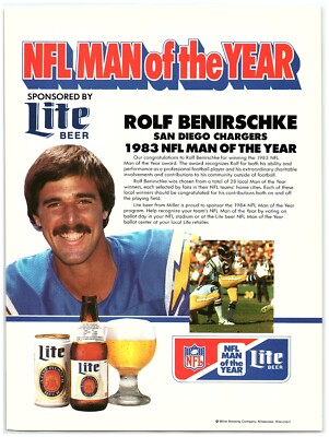 1985 Miller LITE Beer Print Ad, Rolf Benirschke NFL Man of the Year Chargers K