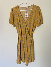 DRESS Cotton-on woven amy wrap mini dress jenny leaf hone gold M  NWT