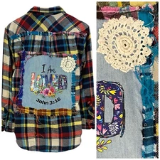 Christian Flannel Shirt Womens Medium Bible Grunge Church Camp Country Upcycled