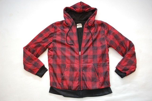 Mens Sweat Jacket RED BLACK CHECKERED PLAID Sherpa Lined ZIP UP HOODIE Size M | eBay
