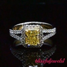 14K 2-Tone Gold Over 2CT Radiant Cut Real Citrine Split Shank Halo Wedding Ring