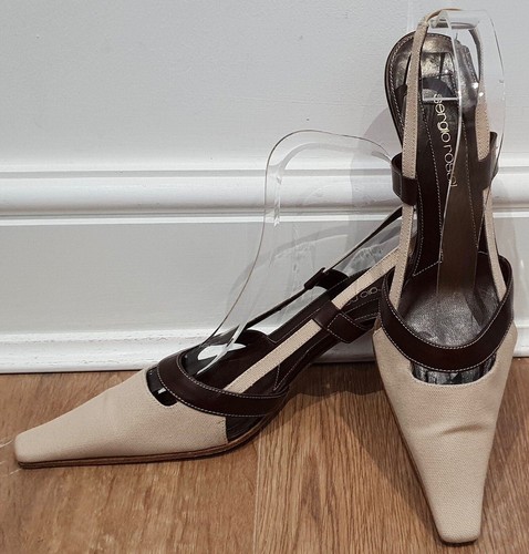 SERGIO ROSSI Beige in Tessuto e Pelle Marrone Chiaro Scarpe Punta Quadrata TIPO  CHANEL 39.5 UK6.5 | eBay
