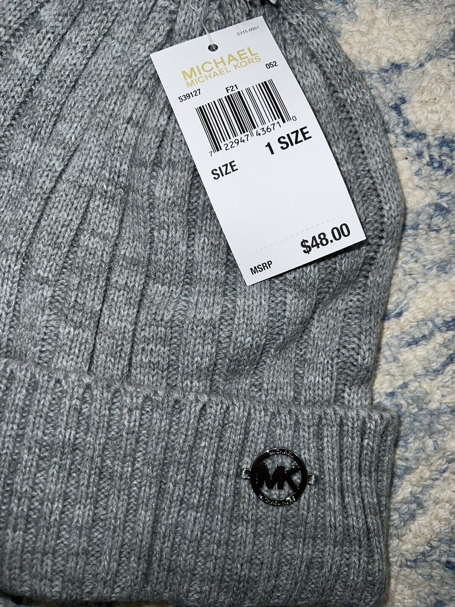 NWT Michael Kors Gray Pom Pom Teddy Cable Knit Beanie Hat Michael Kors Gray Womens Cable Knit Fleece Lined Faux Fur  main image 2